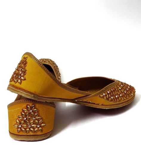 Diwali Gota Work Slip-on Flats, Golden Juttis For Women, Hand Painted Punjabi Jutti, Yellow Jutti, Jaipuri Juti, Punjabi Jutti