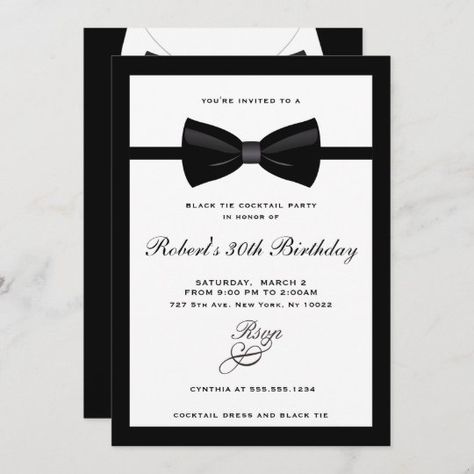 Black Tie Invitation Design, Black Tie Cocktail Party, Black Tie Birthday Party, Black Tie Invitation, Cocktail Party Invitations, Mafia Party, White Party Theme, Cocktail Party Invitation, Black Tie Party