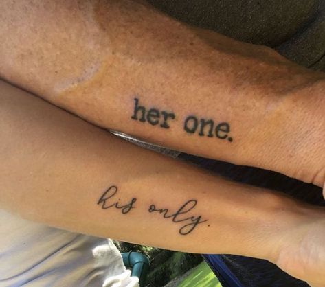 her-one-his-only-matching-tattoos-wrist-tattoos His One Her Only Tattoo Couple Tat, Spouse Tattoos Marriage, Tattoo Relationship, Couples Tats, Tattoo Partner, Couple Tats, Partner Tattoo, Side Arm Tattoos, Him And Her Tattoos