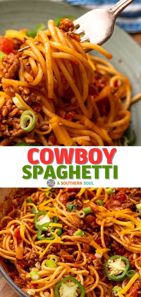 Cowboy Spaghetti is a fun and delicious recipe that combines two classic comfort foods: spaghetti with meat sauce and chili! It’s packed with crispy bacon and tossed in a southwestern-style sauce for an irresistible bite, that’s perfect for game day, casual entertaining with friends, or a family dinner. Fun Dinners For Family, Hamburger Meat And Macaroni Recipes, Sides With Chili Dinners, Ravioli Recipes Dinners, Game Day Dinner Ideas, Recipe Using Spaghetti Sauce, Recipes With Chili, Fun Dinner Ideas For Family, Hamburger Chili