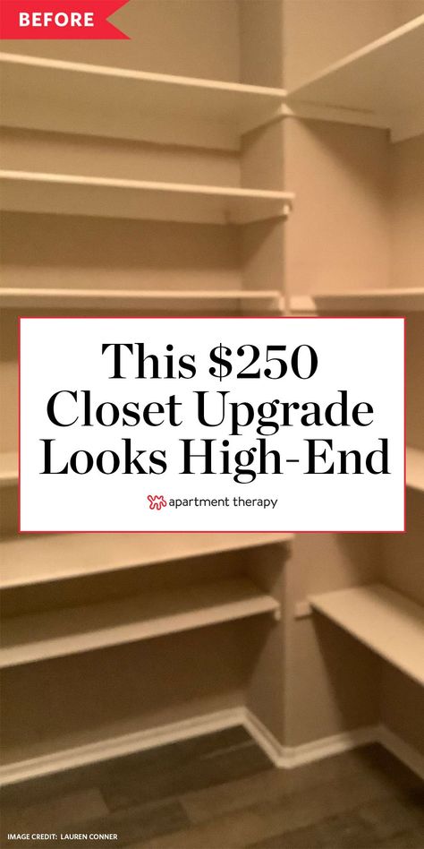 This $250 diy closet upgrade looks high end. #closet #closetideas #closetupgrade #builtins #shelving #closetstorage #storageideas #storagehacks #storageideas #customshelving Building A Hall Closet, L Shape Closet Organization Ideas, Remodel Small Closet, Closet Redo Ideas, Diy Closet With Drawers, Builder Grade Master Closet, Budget Closet Makeover, Closet Before And After, Dresser In Walk In Closet