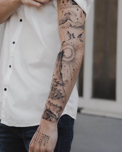 Masculine Tattoo Sleeves, Nature Tattoo Ideas Women, World In Hands Tattoo, Underground Tattoo Ideas, Background Tattoo Design, Natur Tattoo Arm, Full Hand Tattoo, Nature Tattoo Sleeve, Geometric Sleeve Tattoo