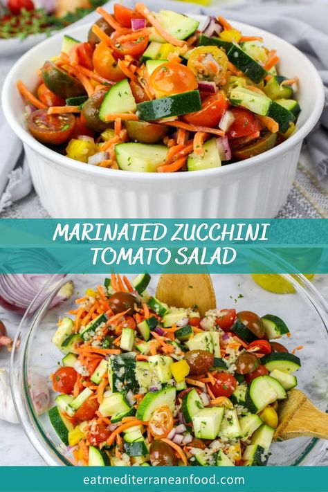 Marinated Zucchini Tomato Salad Zucchini Tomato Salad, Marinated Zucchini, Marinated Salad, Sliced Vegetables, Marinated Vegetables, Zucchini Tomato, Eggplant Salad, Zucchini Salad, Easy Salad