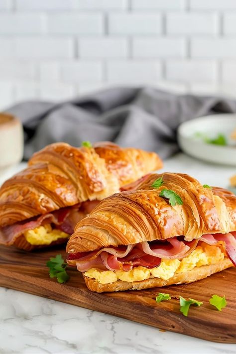 This easy croissant breakfast sandwich is loaded with fluffy eggs, crispy bacon, and gooey cheese. It's a classic combo that always satisfies. Crosaint Breakfast Ideas, Hispanic Breakfast, Bacon Cheese Sandwich, Egg Croissant, Breakfast Cravings, Croissant Breakfast Sandwich, Leftover Breakfast, Breakfast Croissant, Morning Recipes Breakfast