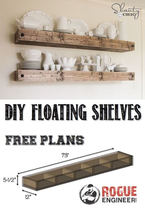 DIY Floating Shelves | Free Plan | Rogue Engineer                                                                                                                                                                                 More Diy Shelves Design, Floating Shelf Plans, Diy Shelves Ideas, Diy Floating Shelf, Planters Diy, Shelves Wood, Farmhouse Shelves, Regal Design, Floating Shelves Diy