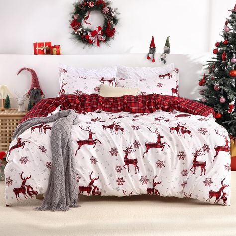 PRICES MAY VARY. 🎅Reversible Duvet Cover: This Christmas duvet cover brings the magic of Christmas to your bedroom with its double-sided prints. You'll find it combineed pattern of reindeer snowflakes with classic red plaid design. This beautifully crafted duvet cover is the perfect way to infuse holiday cheer into any bedroom 🎅Soft Brushed Microfiber: Made from brushed microfiber fabric, this Christmas duvet cover set offers a soft and comfortable feel, helping you get a comfy sleep. This bed Christmas Bed Sheets, Bedding King Size, Christmas Duvet Cover, Holiday Bedroom, Christmas Duvet, Theme Bedroom, Christmas Bedding, Christmas Decorations Bedroom, Holiday Theme