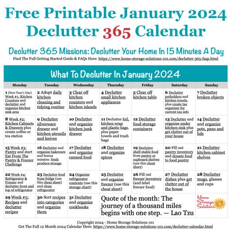 Free printable January 2024 #decluttering calendar with daily 15 minute missions. Follow the entire #Declutter365 plan provided by Home Storage Solutions 101 to #declutter your whole house in a year. 2024 Declutter, Declutter 365, Declutter Checklist, Clutter Solutions, Clutter Control, Clean House Schedule, Declutter Challenge, Declutter Home, Organizing Challenges