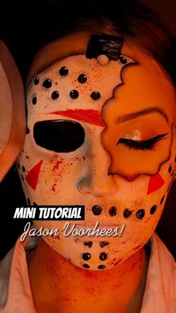 Jason Costume Women Makeup, Jason Halloween Costume Women Makeup, Jason Face Makeup, Diy Horror Movie Costumes, Jason Women Halloween Costume, Jason Voorhees Makeup Female, Friday The 13th Makeup Ideas, Jason Face Paint, Jigsaw Makeup Tutorial