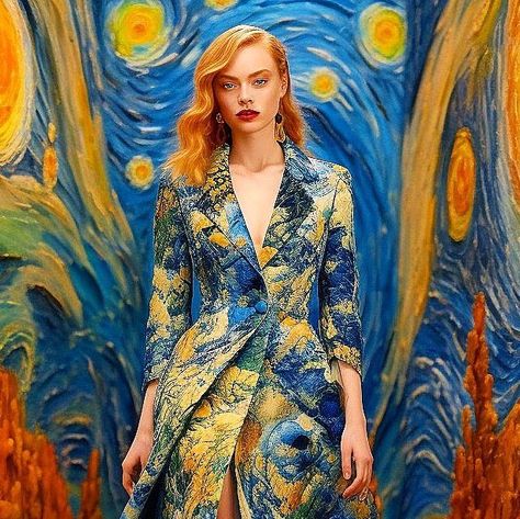 AI Prințesa Digitală on Instagram: "🌌STARRY NIGHT GOWNS⭐️ by @printesa.digitala assisted AI for the VINCENT VAN GOGH series ✨ The iconic tortured artist, Vincent Van Gogh strove to convey his emotional and spiritual state in each of his artworks. Although he sold only one painting during his lifetime, Van Gogh is now one of the most popular artists of all time. His canvases with densely laden, visible brushstrokes rendered in a bright, opulent palette emphasize Van Gogh's personal expression br Van Gogh Inspired Outfit, Starry Night Gown, Van Gogh Dress, Tortured Artist, Painting Dress, Starry Night Dress, Tartan Plaid Dress, Van Gogh Irises, Art Outfit