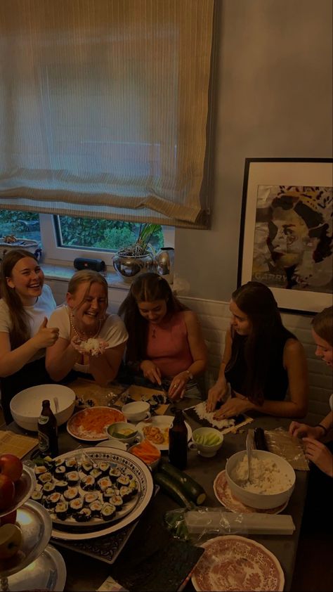 Sushi making by girls 
Vegetables on table 
Girls laughing Girls Night Asthetics, Girls Day In Ideas, Girls Night Aesthetic Home, Girls Night In Aesthetic, Girl Night Ideas, Cozy Girls Night, Fall Girls Night, Girls Night Aesthetic, Girls Night Ideas