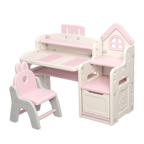 PRICES MAY VARY. Child-Friendly Material: This children’s desk set is made of high-quality HDPE material, which is durable, odorless, BPA and phthalate free. The sleek edges and rounded corners minimize the risk of bumping or scratching, while the desk and chair set has a solid and sturdy structure with a weight capacity of 80kg. 3 in 1 Multifuntional & Ergonomic Design: This versatile desk can be used as a study desk, Lego table, or drawing table. This table offers a painting mode with a dust-f Playroom Pink, Desk Kids, Children Table, Multifunctional Desk, Toddler Drawing, Kids Study Table, Cute Table, Kids Activity Table, Lego Table