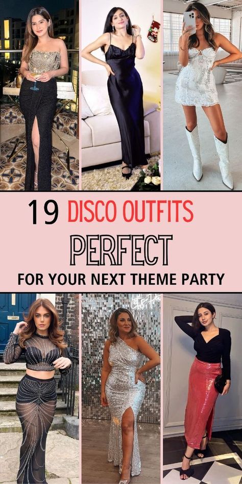 Ready to boogie down at your next disco-themed party? Discover 19 fabulous disco outfits that will make you the star of the dance floor and transport you back to the groovy 70s! 70s Fashion Disco Parties, Disco Themed Party Outfit, Disco Party Outfit Women, Disco Outfit For Women, Disco Outfit Ideas, Disco Party Outfit Ideas, 70s Disco Party Outfit, Disco Party Outfit, Disco Outfits