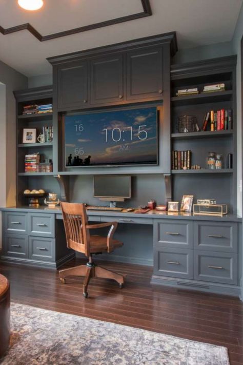 Built In Desks, Office Built Ins, Bilik Idaman, Kabinet Dapur, Small Home Offices, Office Remodel, Blue Office, Office Guest Room, Home Library Design