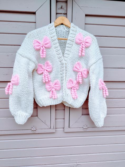 Pink bow cardigan, Ribbon cardigan, Unique ribbon sweater, Pink bow sweater, Women gift by knittingbaley on Etsy Ribbon Cardigan, Ribbon Sweater, Bow Cardigan, Handmade Cardigan, Crochet Bow, Crochet Bows, Bow Sweater, Cardigan Pink, Pink Bows