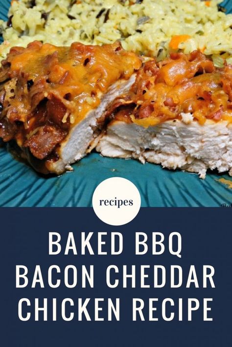 Tender, juicy chicken is covered in barbecue sauce, baked, then topped with fresh cooked bacon bits and shredded cheddar cheese in this delectable Baked BBQ Bacon Cheddar Chicken recipe. Barbecue Bacon Chicken, Bbq Bacon Chicken, Bacon Cheddar Chicken, Bacon Bbq Chicken, Chicken Breast With Bacon, Shake N Bake Chicken, Bacon Bbq Sauce, Sweet Bbq Sauce, Bbq Chicken Breast