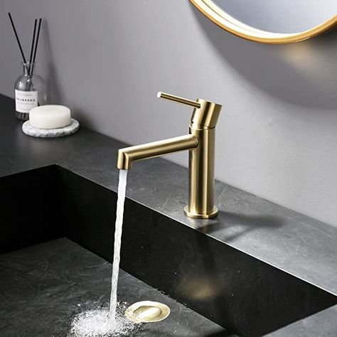 Single Hole Brass Brushed Gold Bathroom Faucet with Pop-up Sink Drain Assembly and Faucet Supply Hose, Indare Copper Single Handle Lavatory Sink Basin Faucets - - Amazon.com Brushed Gold Bathroom Faucet, Brushed Gold Bathroom, Gold Bathroom Faucet, Lavatory Sink, Sink Basin, Gold Bathroom, Lavatory Faucet, Sink Drain, Bathroom Faucet