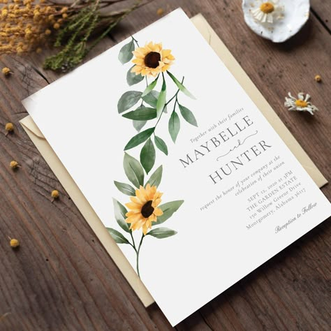 Celebrate your special country style wedding with our elegant country style sunflower wedding invitation design. Our design features our hand-painted watercolor golden yellow sunflowers, white cream florals, and natural greenery arranged to create this elegant country-style arrangement. Invitations details are beautifully designed to create this simple yet elegant country style wedding invitation. All flowers are hand-painted by Moodthology Papery. Country Style Wedding Invitations, Sunflowers Watercolor, Sunflower Arrangement, Sunflower Wedding Decorations, Sunflower Invitations, Watercolor Sunflowers, Wildflower Wedding Invitations, Sunflower Themed Wedding, Wedding Bohemian