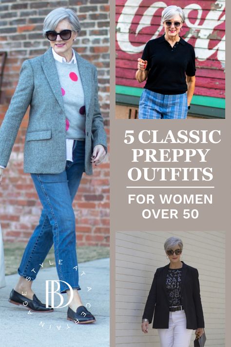 Classic style never goes out of style. Here are 5 classic preppy outfits for women over 50 that will always be wearable. The outfits feature a variety of different looks and items, all of which you can mix and match to create something you love. Classic Preppy Style Women Fall, Preppy Over 40, Preppy Style Outfits Womens Fashion, Women’s Preppy Style, Preppy Clothing Style, Preppy Women Outfits, How To Dress Preppy, Preppy Style Over 40, Preppy Fall Outfits 2023