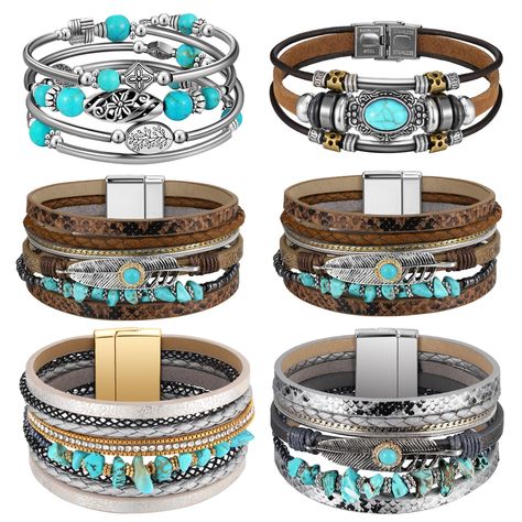 PRICES MAY VARY. Value Package and Variety of Styles: experience the elegant charm of Bohemian wrap bracelets; Available in a set of 6, these wrap bracelets come with 5 different styles to choose from, you can change and share according to your preference; The exquisite designs cater to your every occasion, an ideal solution to your daily adornment as well as festive gatherings Quality Craftsmanship: trustworthy and long-lasting, these turquoise bracelets for women are made of quality turquoise, Turquoise Jewelry Western, Crystal Beaded Bracelets, Boho Jewelry Bracelet, Western Bracelets, Turquoise Bracelets, Women Birthday Gifts, Bohemian Wrap, Jewelry For Girls, Boho Cuff