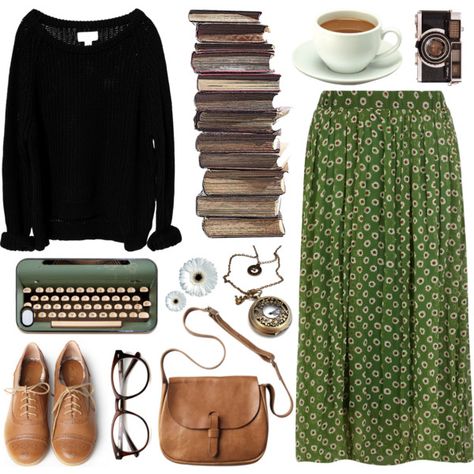 "Green" by hanaglatison on Polyvore Estilo Hippie, Moda Vintage, Grunge Style, 가을 패션, Green Skirt, Mode Inspiration, Mode Style, Mode Outfits, Outfits Casuales