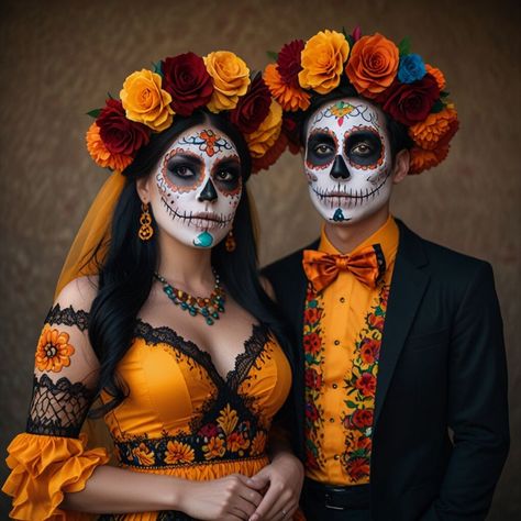 20 Couples Halloween Outfit Ideas: Spooky, Cute, and Creative Costumes for Two » Styling Outfits Couples Halloween Costume Ideas Mexican, 80 Costume Ideas Couples, Sugar Skull Couple Costume, Dia De Los Muertos Couple Costume Ideas, Day Of The Dead Couple Costume, 80's Costume Ideas, Couples Halloween Costumes Creative, Costumes For Two, Mexican Halloween Costume