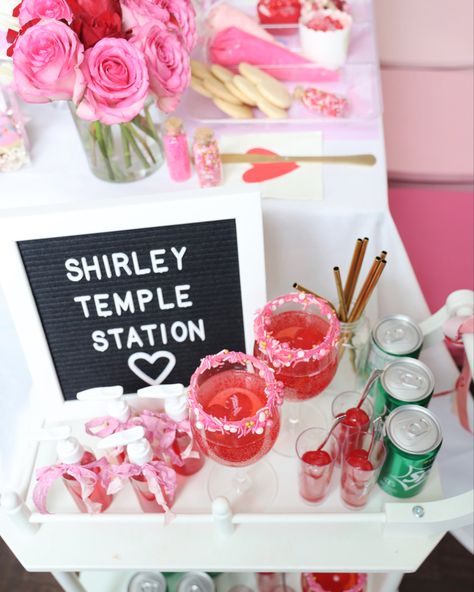 Shirley Temple Drink Station, Grad Party Party Favors, Shirley Temple Station, Colorful Graduation Party Decorations, Love Shack Fancy Grad Party, Grad Party Picture Ideas, Shirley Temple Bar Grad Party, Senior Open House Ideas, Grad Party Activities