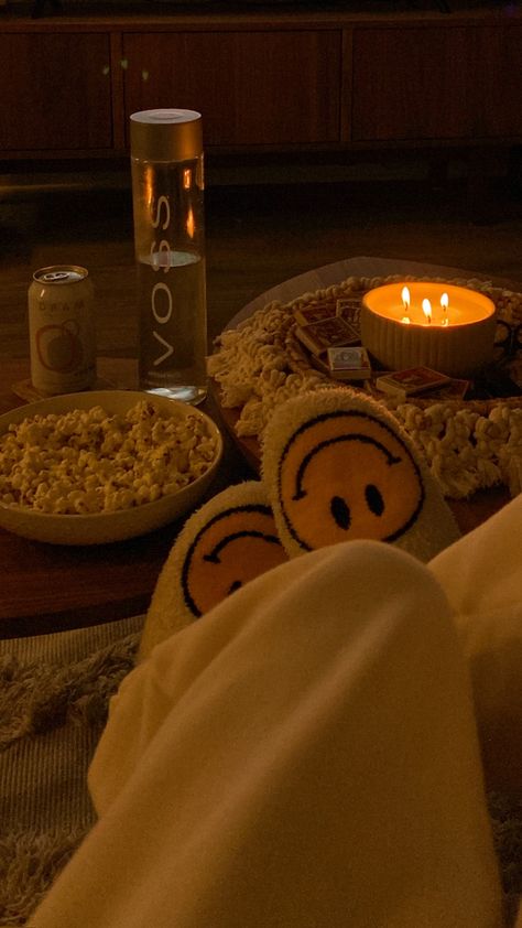 Comfy Aesthetic Pictures, Autumn Sleepover, Popcorn Aesthetic, Smile Slippers, Period Cravings, Comfy Aesthetic, Smiley Face Slippers, Fall Moodboard, Halloween Sleepover