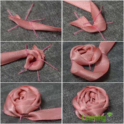 Silk Ribbon Embroidery Tutorial, Sulaman Pita, Silk Ribbon Embroidery Patterns, Diy Lace Ribbon Flowers, Fabric Rosette, Ribbon Embroidery Kit, Buat Pita, Making Fabric Flowers, Ribbon Embroidery Tutorial