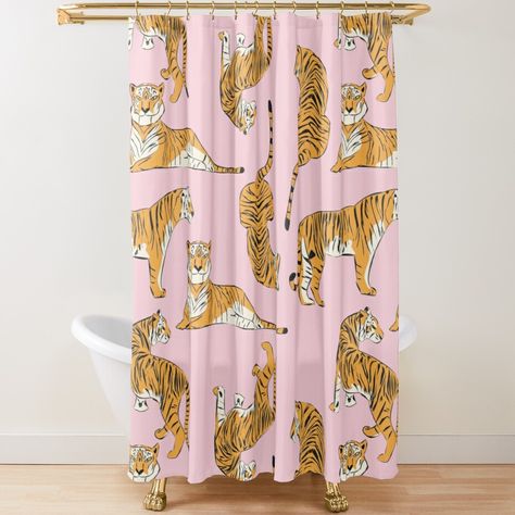 Extra-long decorative fabric shower curtains with 12 button holes. Comes ready to hang. Vivid, full-color printed on front and white on back. Fits most standard size tubs and showers. Hand drawn tiger seamless pattern, big cats in different position, orange tigers on pink, exotic background, flat vector illustration Pink Retro Shower Curtain, Dorm Shower Curtain, Girly Shower Curtain, College Apartment Bathroom, College Bathroom Decor, Toddler Bathroom, College Bathroom, Pink Chinoiserie, Eclectic Maximalism