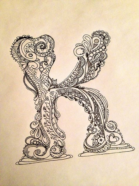 Zentangle Doodle letter K | Flickr - Photo Sharing! Zentangle Letters, Doodle Art Letters, The Letter K, Zentangle Doodle, Doodle Art Journals, Fancy Letters, Tangle Art, Creative Lettering, Doodles Zentangles