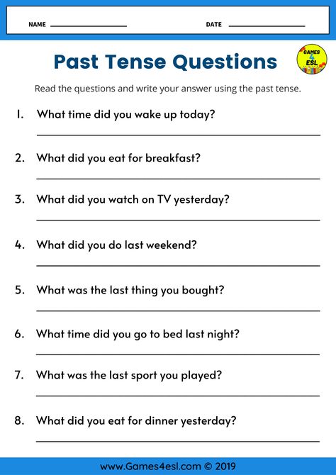 An ESL Worksheet to teach past tense verbs and expressions in English.   Students should read the past tense question and then write an answer using past tense verbs. Includes both regular and irregular past tense verbs. Esl Writing Activities Worksheets, Irregular Past Tense Verbs Worksheet, Past Simple Irregular Verbs Worksheets, Past Tense Activities, Past Tense Verbs Worksheets, Irregular Verbs Worksheet, Esl Worksheets For Beginners, Simple Past Tense Worksheet, English Past Tense