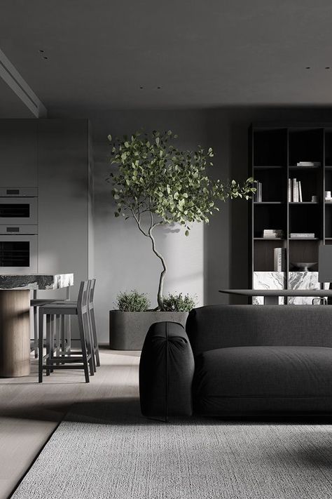 Dark Interior Design, Decorative Trees, Istoria Artei, Japandi Living, Black Interior Design, Interior Plants, Dark Interiors, Minimalism Interior, Photoshop Cs6