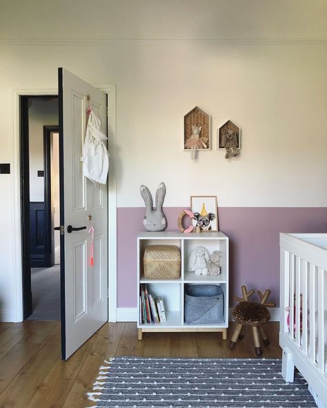 R E B E C C A on Instagram: “A little WIP of the nursery which is having a bit of a facelift... I’ve wanted to do this scandi style half painted wall for ages but it’s…” Painting Bottom Half Of Wall, Lilac Wall Paint Bedrooms, Half Painted Wall With Trim, Half Pink Wall, Paint Half Wall, Split Wall Paint, Half Wall Paint Ideas, Two Tone Painted Walls, Lilac Room Ideas