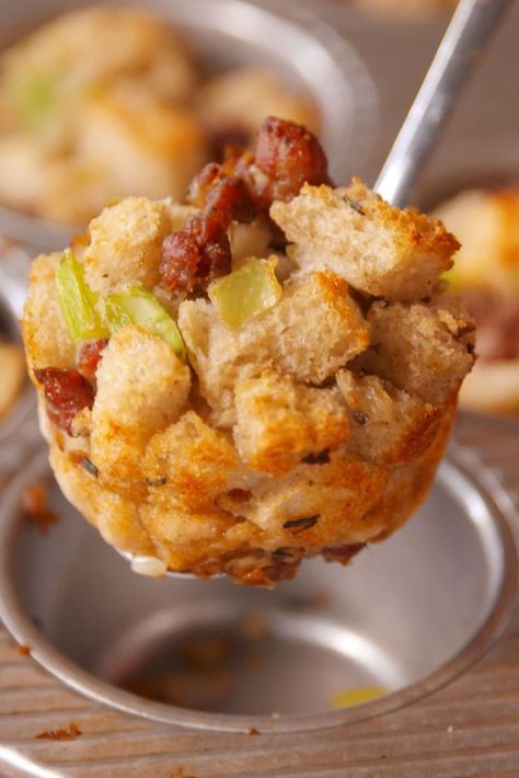 Stuffin' Muffins - I would use Pepperidge Farm stuffing mix. Holiday Bites, Stuffin Muffins, Thanksgiving For Two, Pepperidge Farm Stuffing, Stuffing Muffins, Traditional Thanksgiving, Thanksgiving Cooking, Muffin Tin Recipes, Stuffing Mix