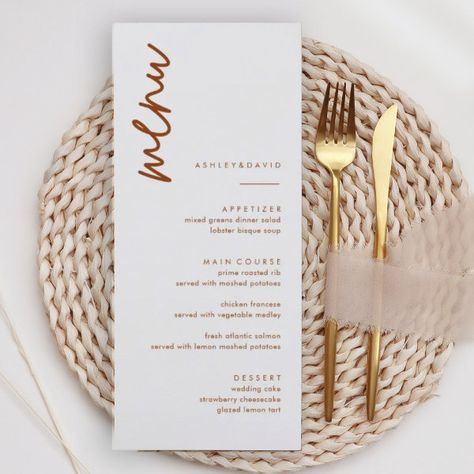 Burnt Orange Terracotta Wedding Menu Cards Wedding Table Menu Cards, Menu Wedding Table, Diy Menu Cards, Wedding Centerpeices, Rustic Wedding Menu, Wedding Table Menus, Tables Decorations, Elegant Wedding Menu, 21 Diner