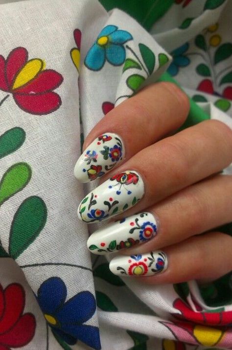 Folk Art Nail Design, Mexican Folk Art Nails, Folk Nail Art, Folk Art Nails, Folk Nails, Traditional Nails, Mexican Nails, Quinceanera Nails, Fun Nail Colors