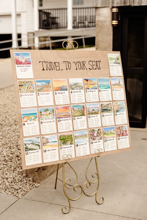 Explore a unique love story through art with this one-of-a-kind seating chart, adorned with hand-painted locations that hold significance for the bride and groom. 🎨✨ This personalized masterpiece replaces traditional table numbers with cherished memories, making every seat a part of their journey. Crafted with love by a bridesmaid, it's a heartfelt touch that transforms the wedding experience into a visual tale of their adventures. Creative Find Your Seat Wedding, Wedding Table Number Unique, Table Numbers Seating Chart, Wedding Table Numbers Locations, Wedding Table Numbers Travel, Seating Chart Alternative, Unique Wedding Seating Chart Ideas Table Numbers, Our Favorite People Our Favorite Places Seating Chart, Post Card Wedding Seating Chart