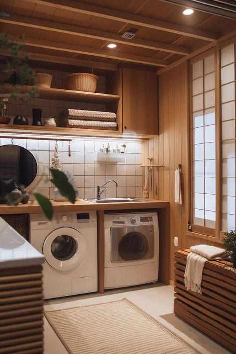 Compact Japandi laundry closet with pocket doors and built-in shelving Japan Scandinavian Interior, Japanese Small Apartment, Japandi House Design, Japan House Interior, Small Japanese Apartment, Japanese Scandinavian Interior, Cozy Scandinavian Interior, Japanese Apartment Interior, Japanese House Interior