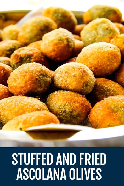 Fried Stuffed Olives, Stuffed Olives Recipe, Olive Balls, Italian Fries, Italian Aperitivo, Fried Olives, Stuffed Olives, Bite Size Food, Olive Recipes