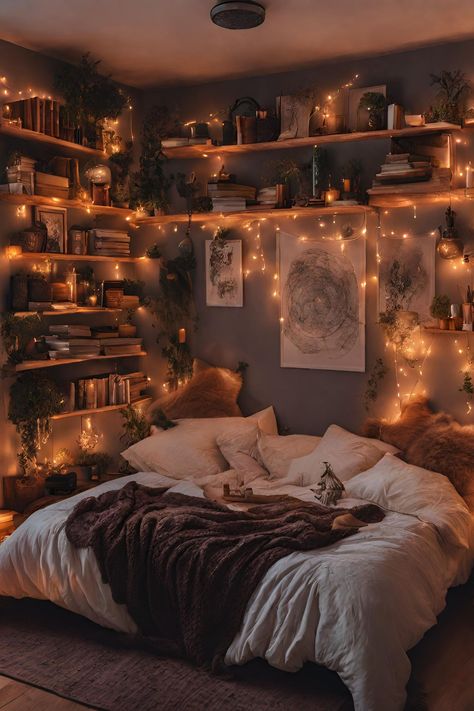 Vintage boho bedroom with books on wall and fairy lights, creating a cosy book nook Dream Bedroom Inspiration, Bedroom Decor Cozy, غرفة ملابس, Redecorate Bedroom, Dream House Rooms, Cozy Room Decor, Aesthetic Rooms, Dreamy Room, Dream Room Inspiration