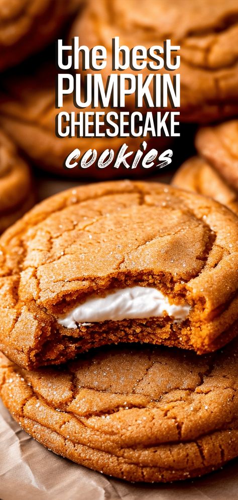 Pumpkin Cheesecake Cookies [45 Minutes] – Chasety Pumpkin Cookies Cheesecake, Cheesecake Stuffed Pumpkin Cookies, Pumpkin Stuffed Cookies, Gingerbread Cheesecake Cookies, Amazing Cookies Recipes, Pumpkin Crumble Cookies, Fall Baked Goods For Bake Sale, Filled Cookies Recipes, Stuffed Pumpkin Cookies