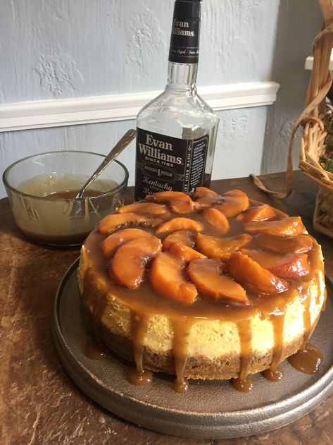 Super Bowl Cheesecake, Zebra Cake Dessert, Autumn Desserts Fancy, Bourbon Deserts, Fruity Cheesecake Recipes, Peach Cheesecake Recipes, Bourbon Cheesecake Recipes, Recipe With Peaches, Cheesecake With Caramel Sauce