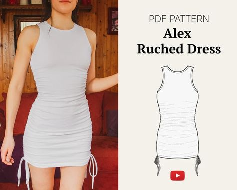 Drawstring Dress Pattern, Ruched Dress Pattern, Ruched Dress Bodycon, Jersey Dress Pattern, Dress Pattern Sewing, Bodycon Dress Pattern, Dress Sewing Patterns Free, Drawstring Dress, Dress Patterns Free