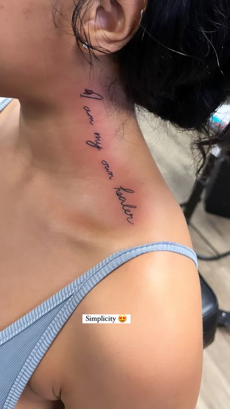 Self Love Neck Tattoo, Neck Tattoo Quotes For Women, Pretty Neck Tattoos Women Side, Small Word Neck Tattoos For Women, Cute Side Neck Tattoos For Women, Cute Neck Tattoos For Women Small, Cursive Neck Tattoos Women, Small Neck Tattoos For Women Side, Neck Word Tattoos Women