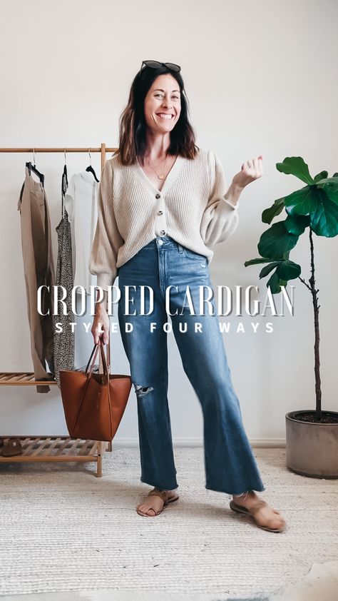 How To Wear Brown Cardigan, Cropped Button Cardigan Outfit, Cropped Cardigan Outfit Work, Cardigan And Flare Jeans Outfit, Tan Cropped Cardigan Outfit, Oversized Cropped Cardigan Outfit, Carmel Cardigan Outfits, Cropped V Neck Cardigan Outfit, Matching Cardigan And Top Outfit