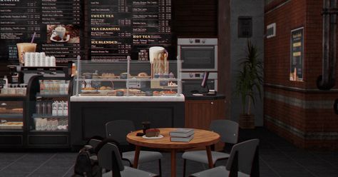 ddaeng sims Sims4cc Kitchen, Background Scenery, Episode Backgrounds, Coffee Shop Aesthetic, Casas The Sims 4, Parisian Cafe, Cafe Art, Fotografi Editorial, Unique Houses