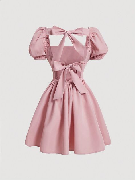 Pink Casual Collar Short Sleeve Woven Fabric Plain A Line Embellished Non-Stretch  Women Clothing Short Pink Dress With Sleeves, Princess Bubblegum Outfits, Short Dress With Bow, Pink Short Dress, Tie Decor, Baby Pink Dress, Halloween Costume Design, Pink Bow Dress, Pink Clothes