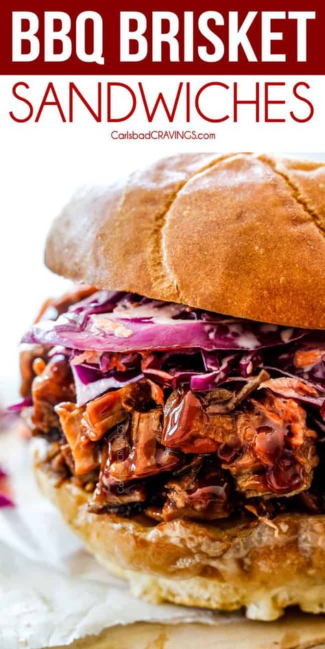 up close of easy brisket sandwich with coleslaw Bbq Brisket Sandwich, Brisket Sandwich Recipe, Brisket Sandwiches, Beef Brisket Sandwich, Easy Sandwiches, Barbecue Brisket, Bbq Beef Sandwiches, Slow Cooker Brisket, Sandwhich Recipes