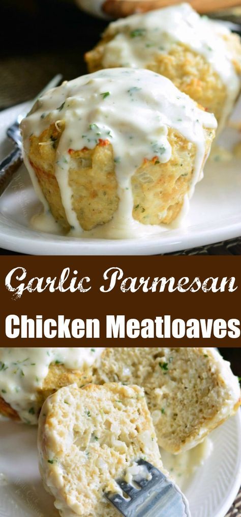 Individual Meatloaves, Meatloaf Sauce, Mini Meatloaf, Mini Meatloaves, Chicken Meatloaf, Meatloaf Muffins, Creamy Parmesan Sauce, Creamy Parmesan, Parmesan Sauce