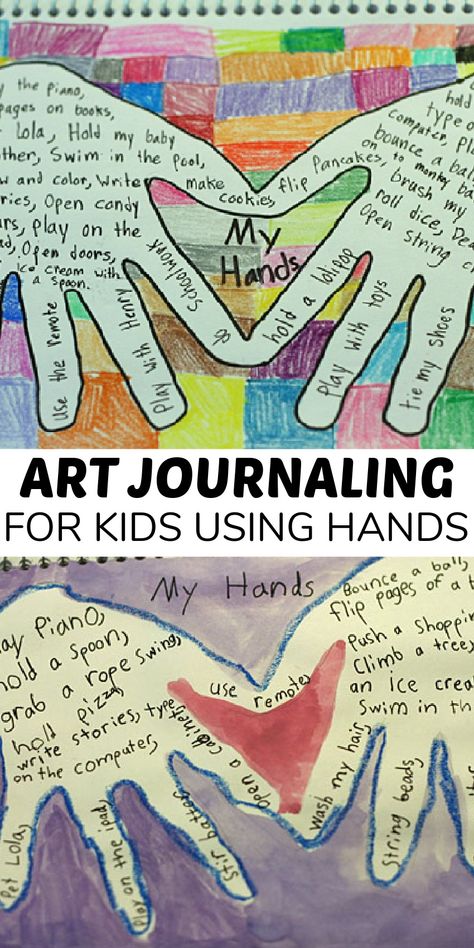 Kids are going to love this art journaling idea using their hands. This is a wonderful classroom activity too. Art Prompts For Kids, Journaling For Kids, Creative Writing Techniques, Hand Art Projects, Writing About Family, Fingerprint Crafts, Illustration Journal, Classroom Activity